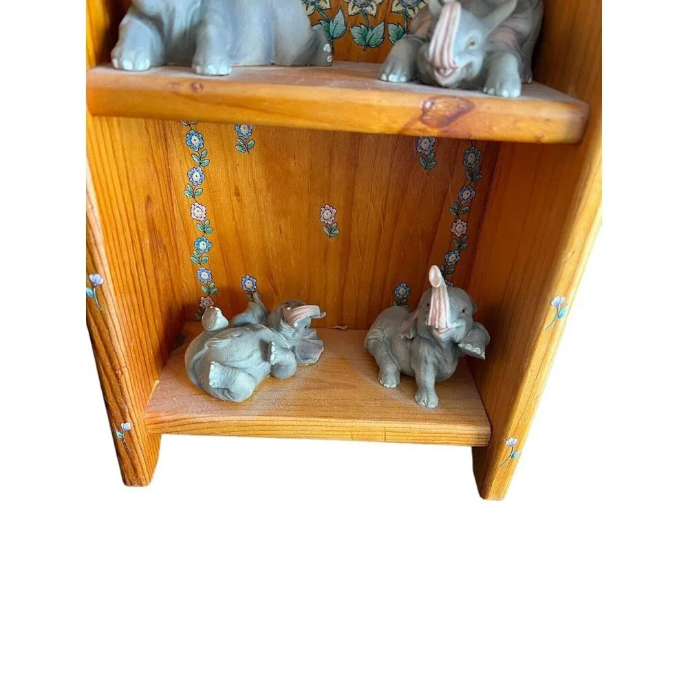 Vintage Elephant Handmade Painted Flowers Wood Shelf Three Tiers 18.5” Tall Fig